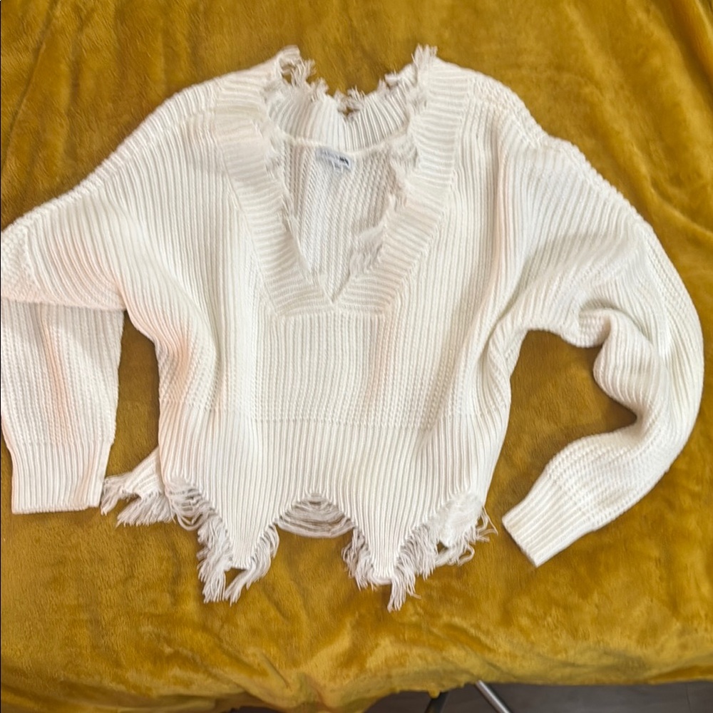 SHEIN White Distressed Knit Sweater